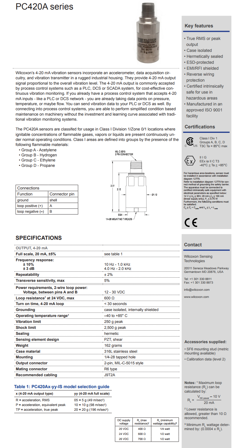 威爾康森回路供電振動(dòng)傳感器PC420AP-10-IS型