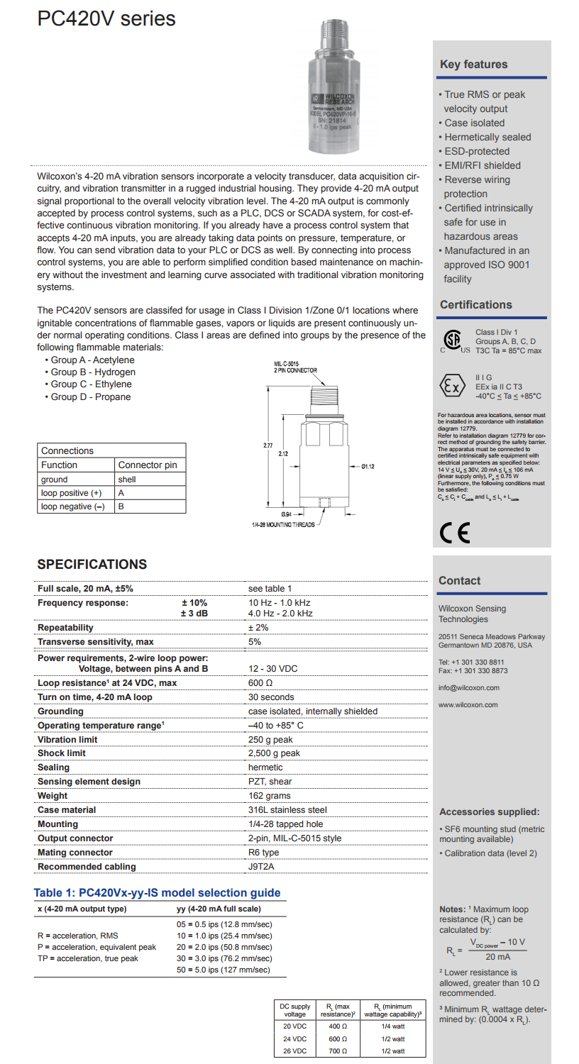 威爾康森回路供電振動傳感器PC420VP-10-IS型技術參數